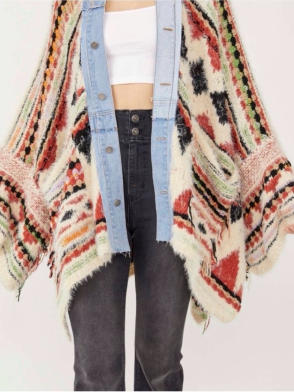 Free People Striped Fuzzy Knit Poncho in Ivory, Red & Black